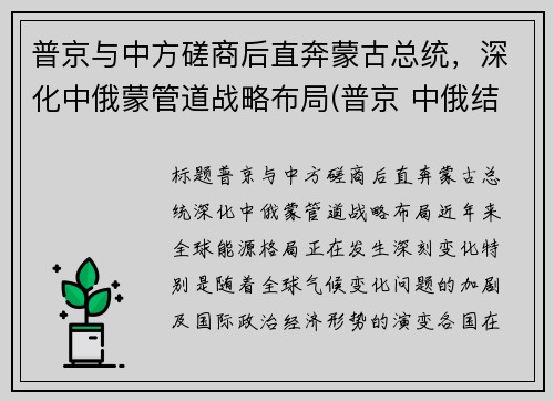 普京与中方磋商后直奔蒙古总统，深化中俄蒙管道战略布局(普京 中俄结盟)