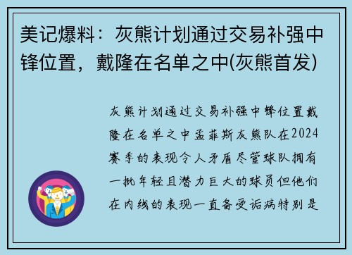 美记爆料：灰熊计划通过交易补强中锋位置，戴隆在名单之中(灰熊首发)