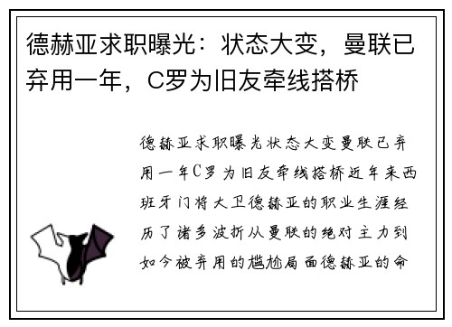 德赫亚求职曝光：状态大变，曼联已弃用一年，C罗为旧友牵线搭桥
