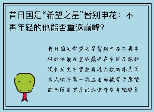 昔日国足“希望之星”暂别申花：不再年轻的他能否重返巅峰？